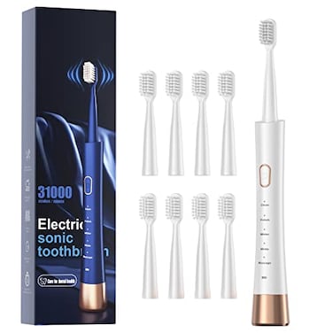AJELU High Vibration Sonic Electric Toothbrush for Adults with 2 Minutes Smart Timer Fast Charge Lasts Long 5 Optional Modes 8 Replacement Brush Heads Ultra Whitening White