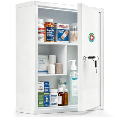 KYODOLED Wall Mount Locking Medicine Cabinet Large Capacity First Aid Cabinet for Bathroom Medicine Cabinet with Key Secure Steel Lock Box for Medication 1575 H x 1182 W x 472 D White