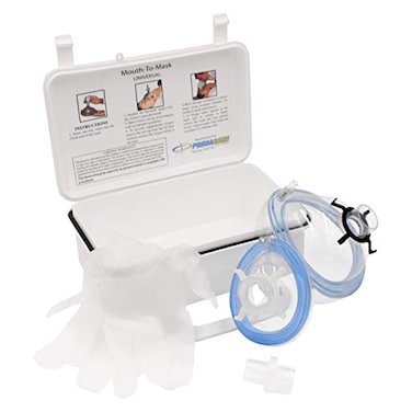 طقم إنعاش قلبي رئوي Primacare KC1010، قناع إنقاذ، مناسب للبالغين والأطفال، مزود بصمام أحادي الاتجاه، للتنفس من الفم إلى الفم، مع إمكانية إضافة الأكسجين، يُثبت على الحائط، حقيبة حمل مرفقة.