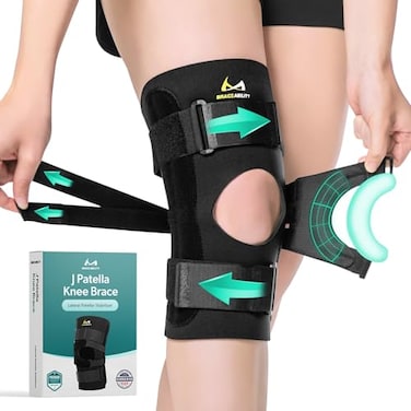 BraceAbility J Patella Knee Brace Lateral Patellar Stabilizer with Medial and JLat Support Straps for Dislocation Subluxation Patellofemoral Pain Left or Right Kneecap Tracking Medium