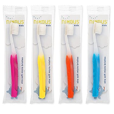 NIMBUS NIMBY Kids Extra Soft Toothbrushes for Sensitive Teeth and Receding Gums Periodontist Design Plaque Remover Travel Toothbrush Individually Wrapped 4 Pack Colors May Vary