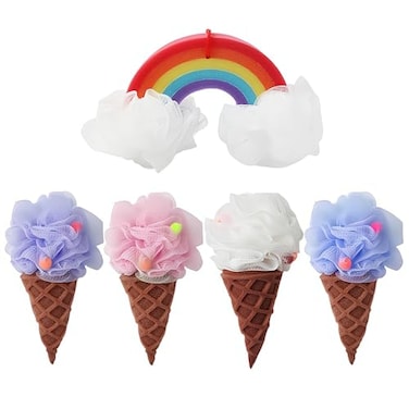Ximimark 5 pcs Ice Cream Shaped Bath Loofah Cartoon Design Foaming Bath Ball Bath Shower Sponge Exfoliating Mesh Brush Shower Sponge for Bathroom Shower Puff