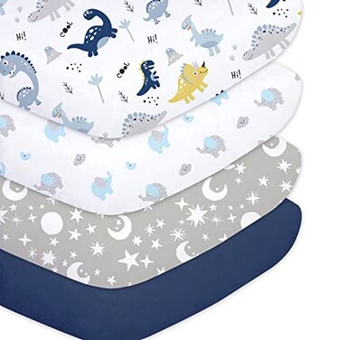 Plushii Crib Sheets for Baby Boys 4 Pack 28x 52 Extra Soft Microfiber Crib Sheet Set for Standard Crib Toddler Mattress Pad Dinosaur Elephant Stars Navy Blue