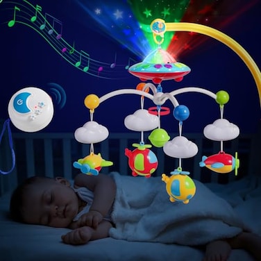 Mini Tudou Musical Baby Crib Mobile Toy with Lights and Music Star Projector Function and Cartoon Rattles Remote Control Musical Box with 108 Melodies Toy for Newborn Sleep