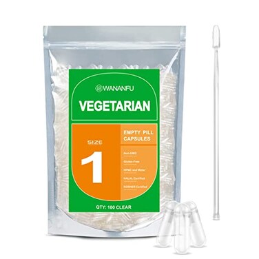 wananfu Size 1 Empty Capsules Vegetarian 100 Count Bundle with Micro Lab Spoon Clear Fillable Veggie Pill Capsules Size 1 for Making Your Own Supplements