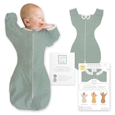 كيس لفّ انتقالي من SwaddleDesigns، بأكمام نصفية وأساور على شكل قفازات، مناسب للمواليد الجدد، يُستخدم كبطانية قابلة للارتداء، مقاس صغير (3 أشهر، 27.7 كجم)، لون أخضر فاتح (جاديت).