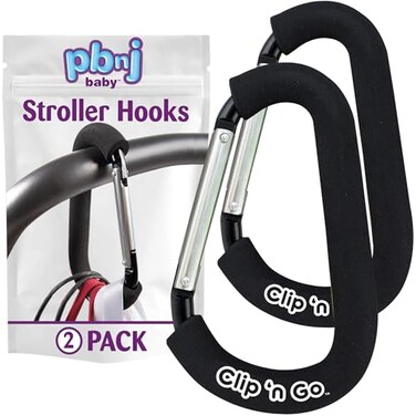 PBnJ Baby Stroller Hooks 66 Extra Large Carabiner Clip 2 Pack Heavy Duty Stroller Clips for Hanging Bags Patented Foam Handle Mommy Hook Stroller Accessories for Shopping Purse Grocery Bag