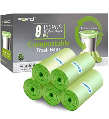 FORID Compostable Trash Bags 8 Gallon Garbage Bags 150 Count Trash Can Liners 30 Liter Unscented Medium Wastebasket Bags for Kitchen Bathroom Home Office Garbage Can 5RollsGreen Durable Thick