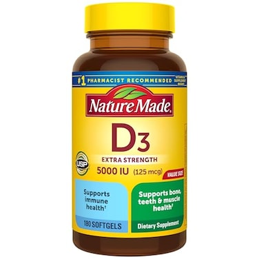 Nature Made Vitamin D3 5000 IU 125 mcg Softgels Extra Strength Vitamin D Supplement for Bone and Immune Health Support 180 Count 180 Day Supply