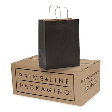 Prime Line Packaging Black Paper Bags Kraft Gift Bags Medium with Handles Small Business Shopping Boutiques Retail Parties Events Bulk 10x5x13 100 Pack