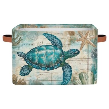 AUUXVA Sea Turtle Retro Map Storage Basket Bin Nautical Ocean Starfish Large Fabric Toys Storage Cube Box with Handles Collapsible Closet Shelf Cloth Organizer Basket for Nursery Bedroom Gift
