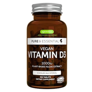 إيجينوس هيلثكير، فيتامين د3 نباتي طبيعي من إيجينوس، 1000 وحدة دولية، عبوة نظيفة، 365 قرصًا، 100 قرص من الطحالب النباتية، كوليكالسيفيرول، غير معدل وراثيًا، لتقوية المناعة والعظام والأسنان، تكفي لمدة عام.