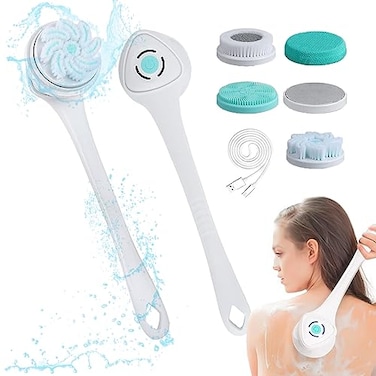 فرشاة الجسم الكهربائية من OMCleaner للاستحمام، قابلة لإعادة الشحن، مقاومة للماء بمعيار IP67، لتقشير الظهر، مزودة بـ 5 رؤوس و3 أوضاع، ومقبض طويل، وفرشاة دوارة لتقشير وتنظيف عميق للظهر والوجه والقدمين