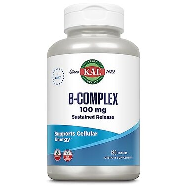 KAL B100 Complex Sustained Release Vitamin B Complex Healthy Energy Support with Natural Base and Fresh Minty Coating Vegetarian 120 Servings 120 Tablets