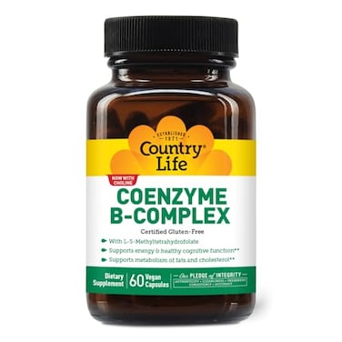 مكمل غذائي من Country Life، 60 كبسولة من الإنزيم المساعد B المركب، يدعم استقلاب الطاقة، والمزاج، والوظائف الإدراكية. نباتي، خالٍ من الغلوتين، يحتوي على فيتامينات B سهلة الامتصاص مع الكولين.