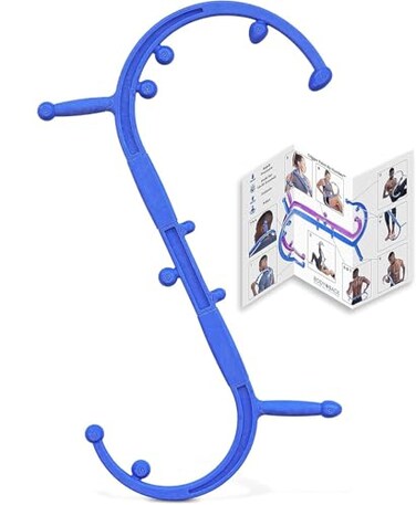 جهاز تدليك الرقبة Body Back Buddy Elite Blue FSA المؤهل للاستخدام مع حسابات الإنفاق المرن (FSA) لتخفيف الألم، أداة علاجية للأنسجة العميقة للظهر، خطاف علاجي لنقاط الضغط العضلية لتخفيف تشنجات العضلات والأنسجة الليفية العضلية، وتخفيف الضغط على نقاط الكتف