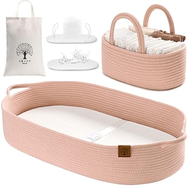 J&amp;JOO JJOO Baby Changing Basket includes Diaper Caddy Soft Waterproof DualCover Portable Changing Pad for Dresser Changing Table Gift for Baby Shower Organic Cotton Rope