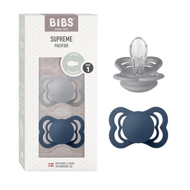 لهاية أطفال BIBS Supreme، عبوة من قطعتين، صنع في الدنمارك، خالية من مادة BPA، حلمة سيليكون متناظرة، مقاس 1-6 أشهر، لون أزرق سماوي.
