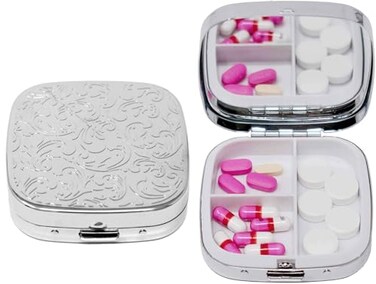 Stephanie Imports Set of 2 SquareShaped Pocket Purse Pill Box with Mirror Silver Etched Floral Print