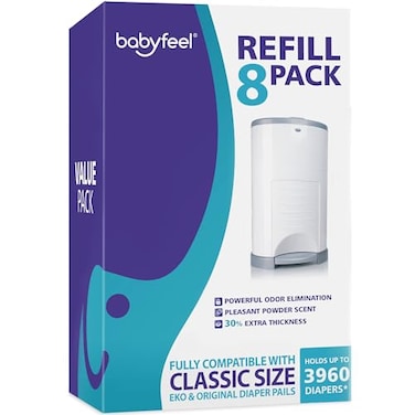 Babyfeel Refills Compatible with DEKOR CLASSIC Diaper Pails 8 Pack Exclusive 30 Extra Thickness Diaper Pail Refills with Powerful Odor Elimination Powder Scent Holds up to 3960 Diapers
