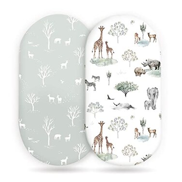 GRSSDER Stretch Ultra Soft Fitted Bassinet Sheet Set 2 Pack Universal Fit for Bassinets Baby Cradle Moses Basket Oval Rectangle Mattress Safe and Snug Pretty African Savannah Animals Pattern