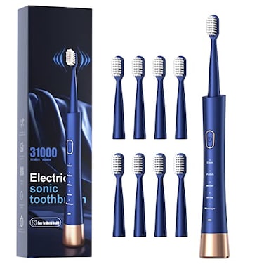AJELU IPX7 Waterproof Sonic Electric Toothbrush for Adults 2Hour Fast Charging Smart Timer 5 Brushing Modes 8 Brush Heads 30Day Battery Life Blue
