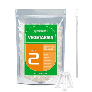 wananfu Size 2 Empty Capsules Vegetarian 100 Count Bundle with 2 Micro Lab Spoons Clear Fillable Veggie Pill Capsules Size 2 for Making Your Own Supplements