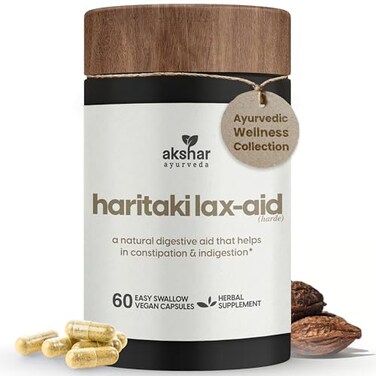 AKSHAR Ayurveda Haritaki Lax Aid Capsules for Natural Constipation Relief Indigestion Support Plant Based Digestive Aid for Regularity Gentle Rejuvenation Vegan Cruelty Free 60 Count