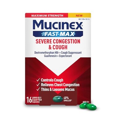 Mucinex FastMax Severe Congestion Cough Maximum Strength Dextromethorphan HBr Cough Medicine for Adults Guaifenesin Expectorant for Excess Mucus Relief 16 Liquid Gels
