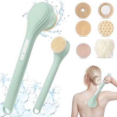 LINGSFIRE Electric Body Bath Brush Rechargeable Back Scrubber for Shower Long Handle Exfoliating Bath Brush for Shower Lotion Applicator for Back Silicone Body Scrubber with 6 Shower Brush Heads