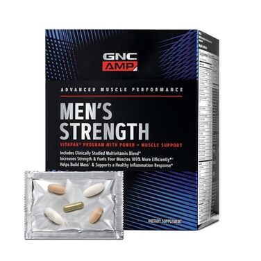 برنامج GNC AMP Mens Strength Vitapak، 3 منتجات في عبوة واحدة: كرياتين قابل للامتصاص، بناء كتلة العضلات، محفزات بناء العضلات، معززات التستوستيرون، مكونات مثبتة الفعالية، فيتامينات متعددة، تكفي لمدة 30 يومًا.