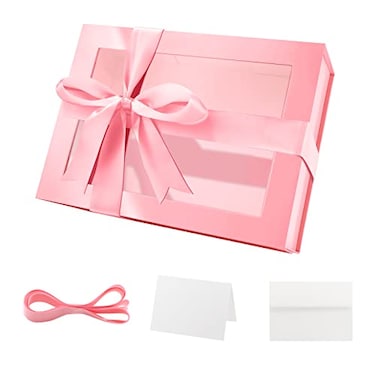 PACKQUEEN Pink Gift Box with Window 9x65x38 Inches Clear Gift Box for Present Contains Ribbon Card Bridesmaid Proposal Box with Magnetic Lid Glossy Pink