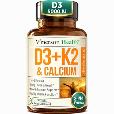 Vimerson Health Vitamin D3 K2 Calcium Supplement for Bone Muscle Immune Support Vitamin D3 5000 IU Vitamin K2 MK7 Calcium Black Pepper BioPerine for Max Absorption AllinOne Convenience 60 Capsules
