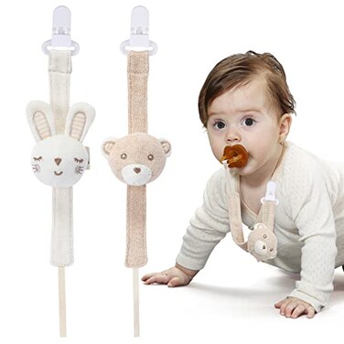 مشبك لهاية COTTONBEBE، عبوة من قطعتين، حامل لهاية للأطفال، مناسب للأولاد والبنات، يناسب العديد من أنواع اللهايات، ألعاب تسنين للأطفال، هدية مثالية للمواليد الجدد، أرنب ودب