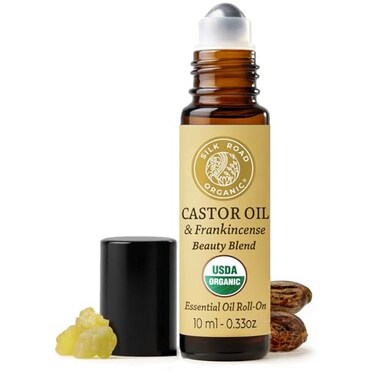 Silk Road Organic Castor Oil Frankincense Essential Oil Under Eye Roll On for Bags Dark Circles Crows Feet Fine Lines Wrinkles USDA Certified Aromatherapy for Delicate Eye Skin 10ml Roller