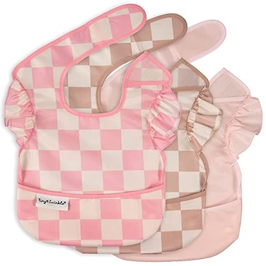 Tiny Twinkle MessProof Baby Bibs for Eating Waterproof Wipeable Toddler Bibs with CatchAll Pocket Feeding Bibs for Girls Boys3 PackCheckers Girl