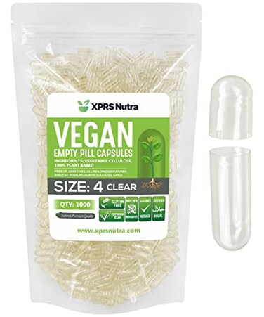 XPRS Nutra Size 4 Empty Capsules 1000 Count Small Clear Empty Vegan Capsules Vegetarian Pills DIY Vegetable Capsule Filling Fillable DoItYourself Veggie Caps for Supplements