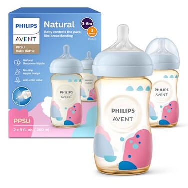 Philips Avent PPSU Natural Baby Bottles with Medium Flow Nipples Flow 3 9oz with Decoration 2Pack SCY94302