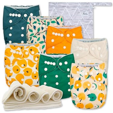 Nora's Nursery Noras Nursery Cloth Diapers 7 Pack with 7 Inserts 1 Wet Bag Waterproof Cover Washable Reusable One Size Adjustable Pocket Diapers for Newborns and Toddlers PearFect