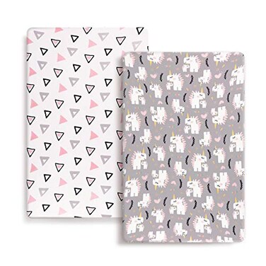 GRSSDER Stretchy Ultra Soft Jersey Knit Fitted Pack n Play Playard Sheets Set 2 Pack Fits PortableMini Cribs Sheets Playards Mattress Pads Pink Simple TriangleDream Unicorn for Girls