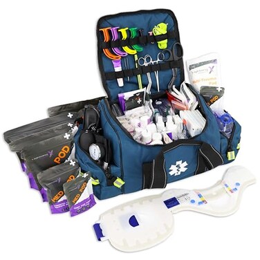 Lightning X MB30SKC Large EMT Trauma Kit Fully Stocked First Responder Bag w 240 Supplies EMS Fire Police Office Sports Team Emergency Medical Kit Blue
