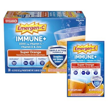 Emergen-C EmergenC Immune Triple Action Immune Support Powder BetaVia R 1000mg Vitamin C B Vitamins Vitamin D and Antioxidants Super Orange 30 Count