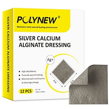 Polynew Silver Calcium Alginate Dressing 4x412 Individual Pack Highly Absorbent Ag Alginate Wound Bandage NonAdhesive Wound Dressing for Bed Sore Pressure Sore Leg Ulcer Wound Health