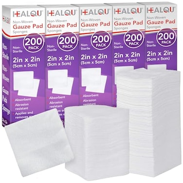HEALQU 1000 Gauze Pads 2x2 Soft NonWoven 4Ply for Tooth Extractions and Dental Procedures NonSterile Square Sponges for First Aid Surgical Wound Dressing 5 Packs of 200