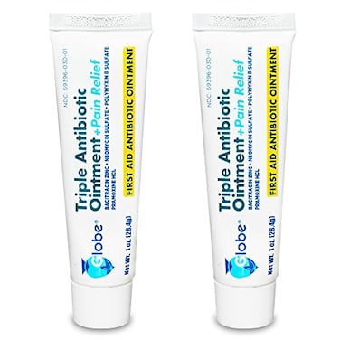 Globe 2 Pack 1oz Triple Antibiotic Ointment Pain Relief Dual Action Maximum Strength First Aid Ointment Soothes and Heals Painful Minor Scratches and Wounds and Prevents Infection