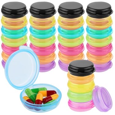 Dimeho 35 Pcs Mini Pill Organizer Portable Travel Pill Box Small Plastic Storage Containers Cute Pill Container Holder Round Pill Case Earplug Case Medicine Dispenser for Pocket Purse