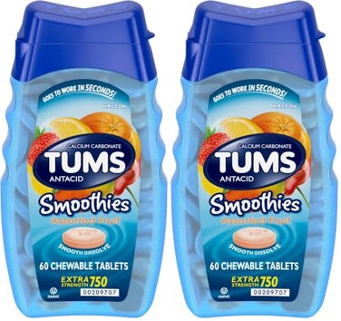 TUMS Smoothies Extra Strength Antacid Chewable Tablets for Heartburn Relief Assorted Fruit 60 Count Pack of 2