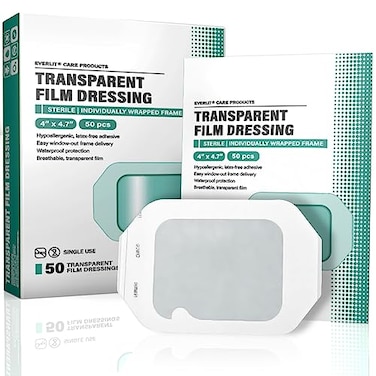 Everlit Care Transparent Film Dressing Large Waterproof Adhesive Patch Window Frame Wound Cover for Post Surgical Shower IV Shield Tattoo Aftercare Bandage 4 x 47 50 Pack