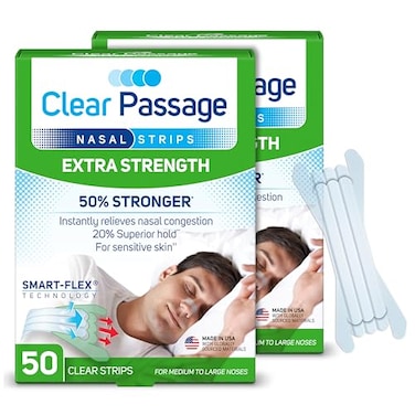 Clear Passage Nasal Strips Extra Strength Clear 100 ct Works Instantly to Improve Sleep Reduce Snoring Relieve Nasal Congestion Due to Colds Allergies