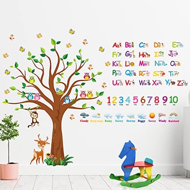 Pajean 4 Sheets Animal Alphabet Numbers Colour Decals for Kids Numbers Learning Children Educational Wall Decals ABC Weather Tree Stickers for Classroom Bedroom Playroom Room Decor Nursery